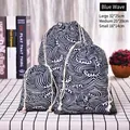 Set of 3 blue wave cotton linen drawstring storage bags in various sizes - Blue Sea Wave