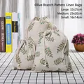 Set of 3 cotton linen drawstring bags with olive leaf prints in various sizes - Olive Leaves