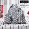 Set of 3 printed cotton linen drawstring storage bags with gray wheat pattern - Arrow Wheat Pattern