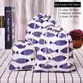 Three-piece linen drawstring bag set with blue fish print in various sizes - Blue Fishes
