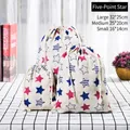 Set of 3 drawstring cotton linen storage bags with red and blue star patterns - Pentagram