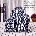 Set of 3 blue Seigaiha pattern cotton linen drawstring storage bags in various sizes - Blue Fan Pattern