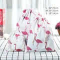 Set of 3 flamingo print cotton linen drawstring bags in large, medium, and small sizes - White Flamingo