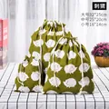 Three-piece set of green linen drawstring storage bags with white hedgehog prints - Hedgehog