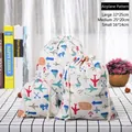 Travel themed cotton linen drawstring bags in three sizes with red airplane and blue boat - Airplane