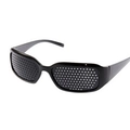Detail view of black full-frame pinhole glasses showing precision micro-holes and frame curve - Premium Black Sport Full-Hole
