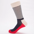 Navy blue and white striped crew socks with contrast red toe and white heel detail - Cream White Fine Stripes