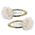 Close-up of golden woven hair clips with white fabric flowers and gold glitter details - Golden Flower (MC217) / One Pair