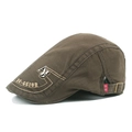 Brown cotton flat cap featuring embroidered lettering and a metal emblem detail - Adjustable / Army Green