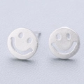 Matte silver stud earrings featuring a hollow smiley face design on purple background - Smiley Face Style (5929054883007)