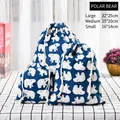 3-piece polar bear print cotton linen drawstring bags in blue, small to large sizes - Polar Bear
