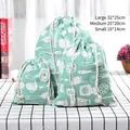 Mint green cotton linen drawstring storage bag set with kitchen illustrations in three sizes - Small (16*14cm) / Kitchenware Patterns