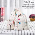 3-piece printed cotton linen drawstring storage bags with Eiffel Tower and floral pattern - Eiffel Tower