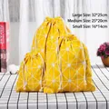 Set of 3 yellow cotton linen drawstring storage bags with white star patterns - Yellow Checkerboard
