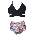Women's two-piece bikini with black wrap halter top and tropical palm leaf ruched bottoms - 152 / Black Halter with Leaf Print (Plus Length)