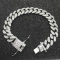 Zilveren 18K witgoud vergulde 12mm Cubaanse schakelarmband met glanzende steentjes - 20cm / Zilver / Side Release Buckle
