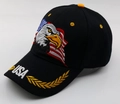 Detail of eagle and USA flag embroidery on a black cotton baseball cap for men - 56-58cm, Adjustable / Style #14-Black USA Eagle Flag / Black