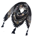 Detailed view of bohemian floral geometric pattern and tassel fringe on black scarf - 115*115cm / Black Geometric (No.12)