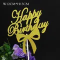 Golden glitter Happy Birthday cake topper with ribbon, size 12x13cm for party decoration - Bow Happy Birthday Gold