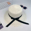 Cream straw sun hat with black ribbon bow for women, foldable beach summer vacation style - One Size / Creamy White