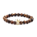 Men's 8mm natural tiger eye beaded bracelet with gold crown and sparkling zircon inlay - Crown Bracelet / Brown (Tiger Eye)