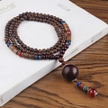 Ethnic wood bead necklace with dark red pendant and multicolor spacers for men and women - Sandalwood Ball