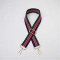 Detail of adjustable canvas strap with green and red stripes and gold metal hardware - Green Red Blue