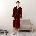Men's burgundy velvet bathrobe with white contrast trim and adjustable waist tie - M / Wine Red Men