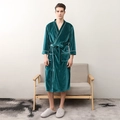 Mens emerald green velvet bathrobe with classic V-neck white trim and waist tie belt - M / Spruce Green Men