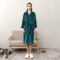 Elegant emerald green velvet robe with white piping detail and waist belt for women - M / Spruce Green Women