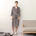 Men's luxury grey velvet long robe with white piping and belted waist closure - Grey Men