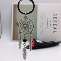 Silver dreamcatcher keychain with three metal feathers and black bead on ring - D-Black