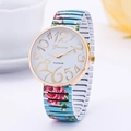 Geneva women's watch with golden case and blue floral pattern elastic stretch band - Gold Case White Dial Blue Floral