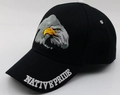 Detail of eagle embroidery and NATIVE PRIDE white lettering on a black cotton baseball cap - 56-58cm, Adjustable / Style #1-Black NATIVE PRIDE Eagle Head / Black