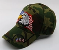 Detailed view of eagle and USA flag embroidery on jungle camo baseball cap - 56-58cm, Adjustable / Style #17-Full Camo USA Eagle / Camouflage
