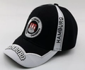 Macro detail of 3D Hamburg city embroidery and crest on black baseball cap cotton fabric - 56-58cm, Adjustable / Style #20-Black White HAMBURG / Black & White