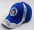 Detailed close-up of blue cotton baseball cap with white Hamburg embroidery and stitching - 56-58cm, Adjustable / Style #19-Blue White HAMBURG / Sapphire Blue