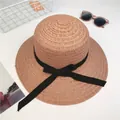 Foldable wide brim straw sun hat with black ribbon bow for women summer beach style - One Size / Light Coffee