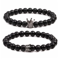 Bracciali di perle nere opache da 8 mm con ciondolo a corona in zirconi per uomini - Corona Grande + Corona Piccola Set / Nero Set da 2
