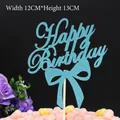 Glitter light blue Happy Birthday cake topper with bow decoration for party - Bow Happy Birthday Blue