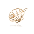 Elegante pinza para el cabello dorada con forma de concha geométrica y detalle de perla - Dorado