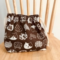 Japanese style drawstring bento bag with white cat patterns on dark brown cotton linen - Coffee White Cat Head