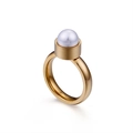 Anillo minimalista de acero de titanio dorado con una perla de agua dulce blanca redonda - US 7 / Dorado