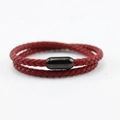 Bracelet double couche en cuir tressé rouge pour homme avec fermoir magnétique en acier noir - 20.5cm / Cordon en cuir rouge