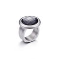 Exaggerated silver stainless steel wide ring featuring a faceted round black stone inlay - US 6 / Black
