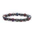 Bracciale in ematite 8mm e perle arcobaleno con distanziatori sfaccettati su bianco - Ematite + Smerigliato Arcobaleno