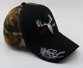 Detailed side view of baseball cap featuring deer skull embroidery and camouflage mesh panels - 56-58cm, Adjustable / Style #9-Black Camo DEER HUNT / Black Camouflage