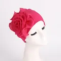 Elegant rose pink turban hat featuring a large 3D chiffon side flower for women - Rose Red