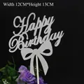 Silver glitter Happy Birthday cake topper with bow, size 12x13cm on black background - Bow Happy Birthday Silver