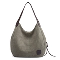 Olive green canvas hobo shoulder bag with brown leather straps and side ribbon detail - Green